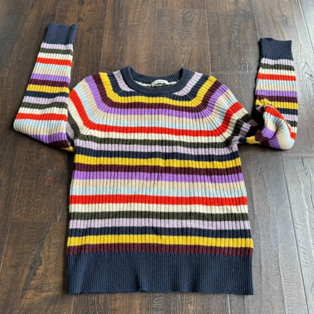 Ganni Mercer Women's Multicolor Pullover Knit Striped Sweater Wool Yak Blend XS
